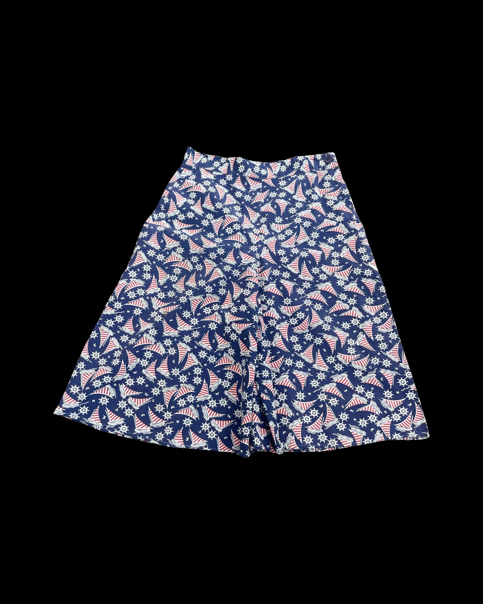 1930s/1940s Sportswear Nautical Print Cotton Side Button Split Skirt/ Culottes