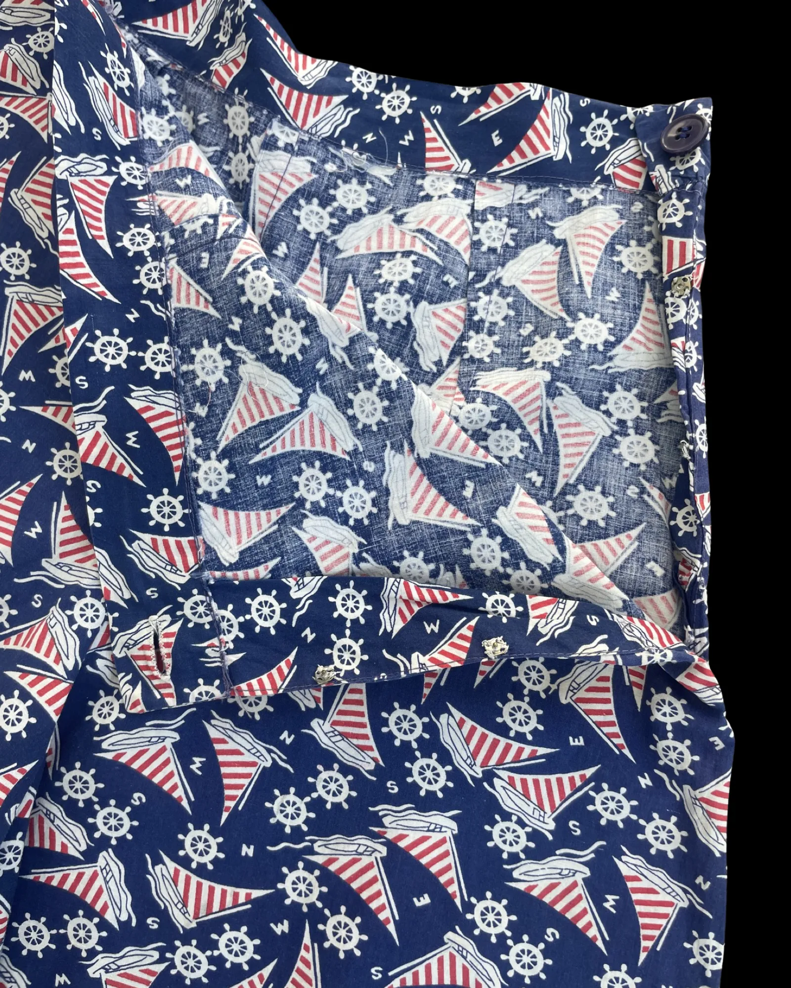 1930s/1940s Sportswear Nautical Print Cotton Side Button Split Skirt/ Culottes