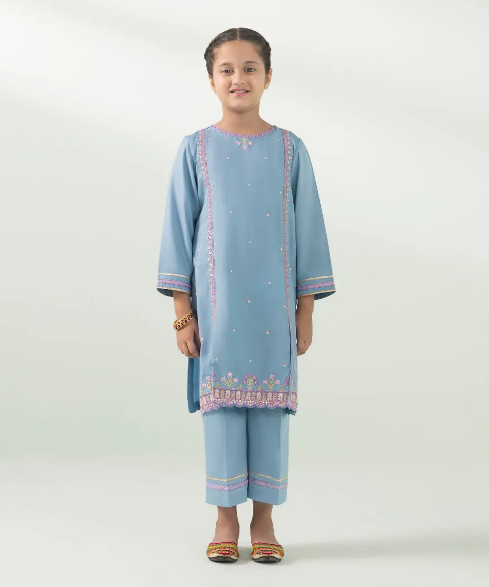 2 Piece - Embroidered Cotton Satin Suit
