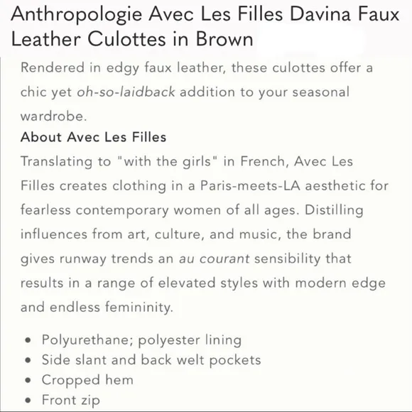ANTHROPOLOGIE Avec Les Filles Davina Brown Faux Leather Culottes Wide Leg Size S