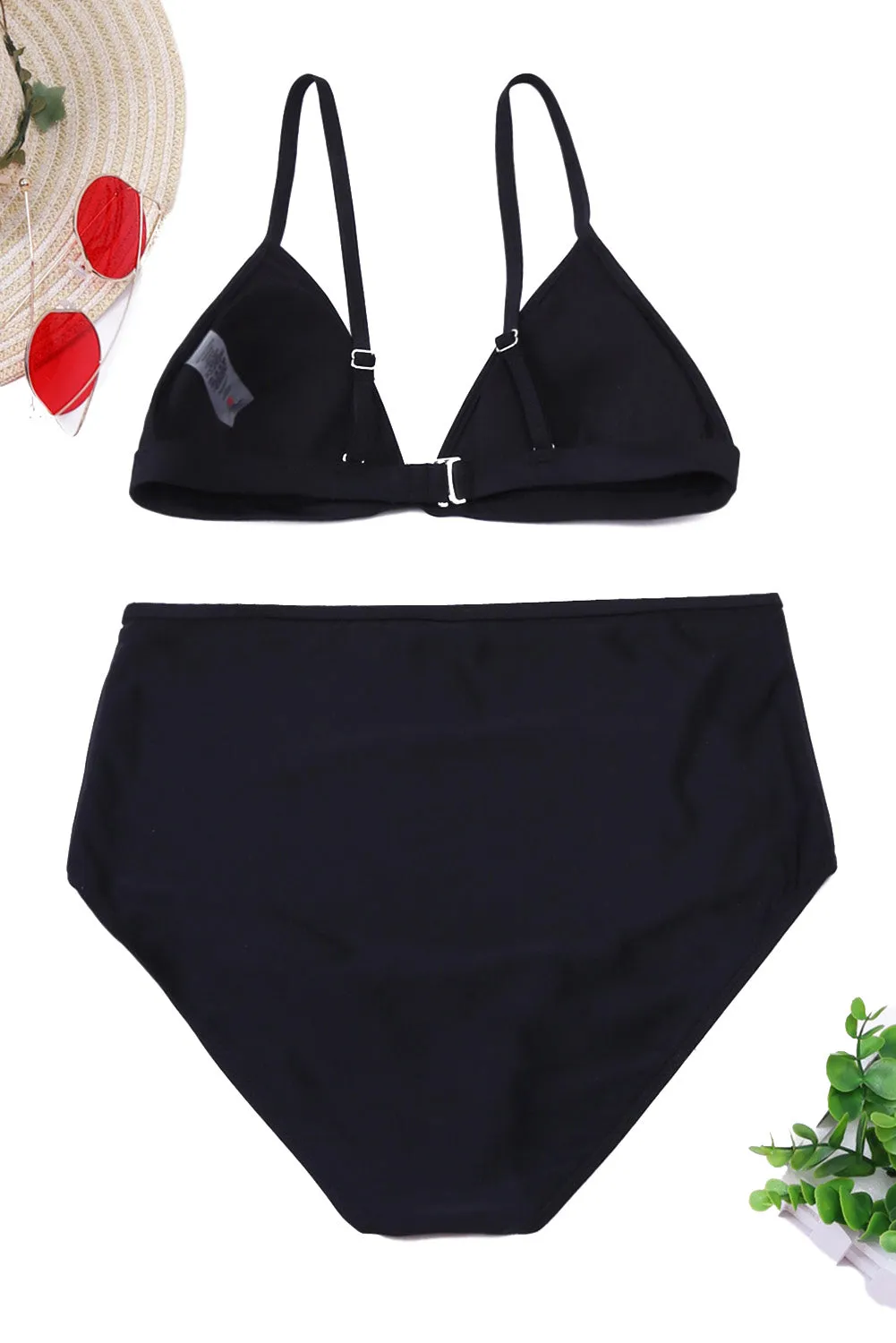 Black Embroidered Two Piece High Waisted Swimsuit