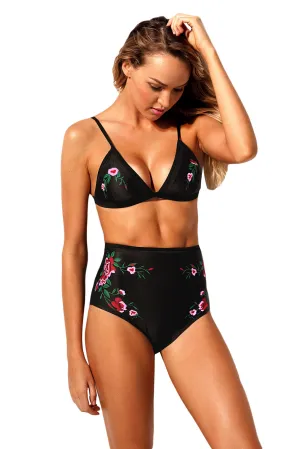 Black Embroidered Two Piece High Waisted Swimsuit