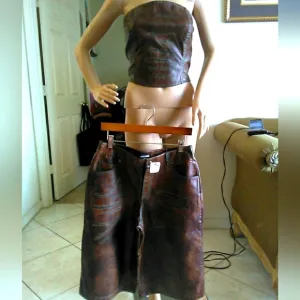 BNWT FAUX LEATHER SUPER HOT FASHION NOVA 2 PC. CULOTTE SET BROWN W/ BURN MARKS