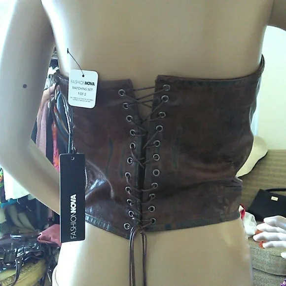 BNWT FAUX LEATHER SUPER HOT FASHION NOVA 2 PC. CULOTTE SET BROWN W/ BURN MARKS