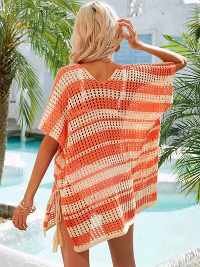 Cammi Tassel Openwork Striped V-Neck Cover Up