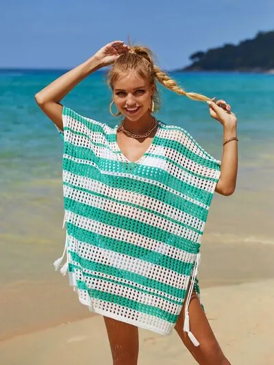 Cammi Tassel Openwork Striped V-Neck Cover Up