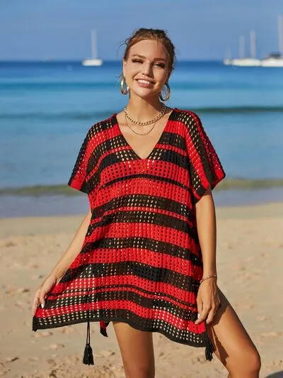 Cammi Tassel Openwork Striped V-Neck Cover Up