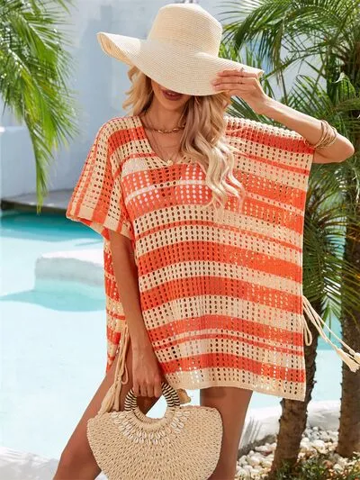 Cammi Tassel Openwork Striped V-Neck Cover Up