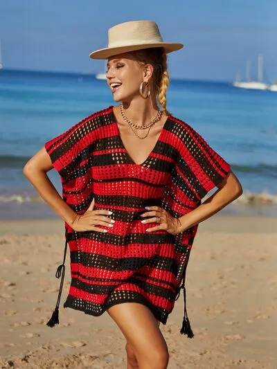 Cammi Tassel Openwork Striped V-Neck Cover Up