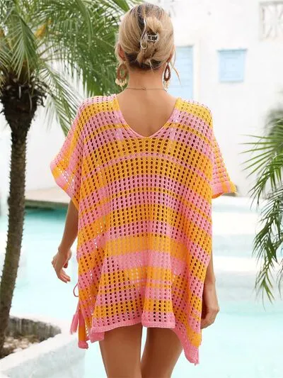 Cammi Tassel Openwork Striped V-Neck Cover Up