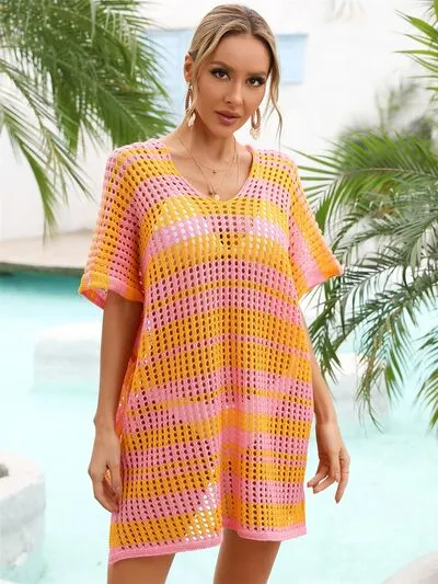 Cammi Tassel Openwork Striped V-Neck Cover Up