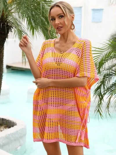 Cammi Tassel Openwork Striped V-Neck Cover Up
