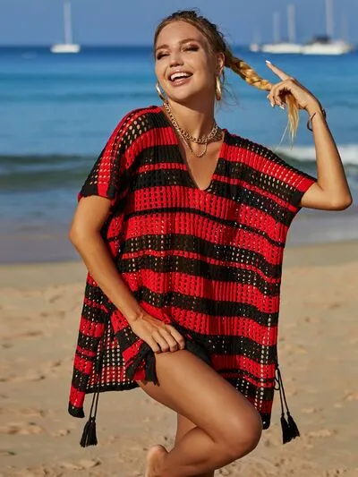 Cammi Tassel Openwork Striped V-Neck Cover Up