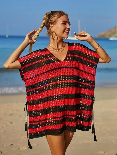 Cammi Tassel Openwork Striped V-Neck Cover Up