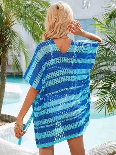 Cammi Tassel Openwork Striped V-Neck Cover Up