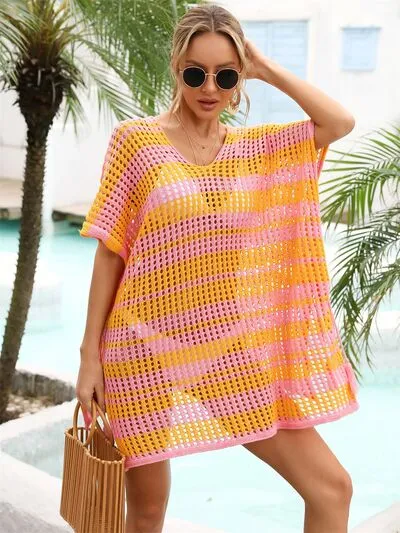Cammi Tassel Openwork Striped V-Neck Cover Up