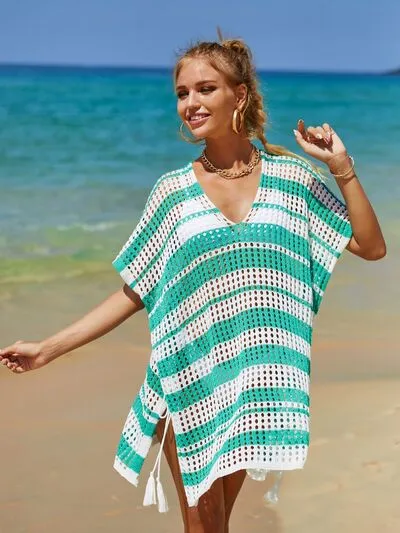 Cammi Tassel Openwork Striped V-Neck Cover Up