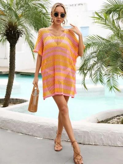 Cammi Tassel Openwork Striped V-Neck Cover Up
