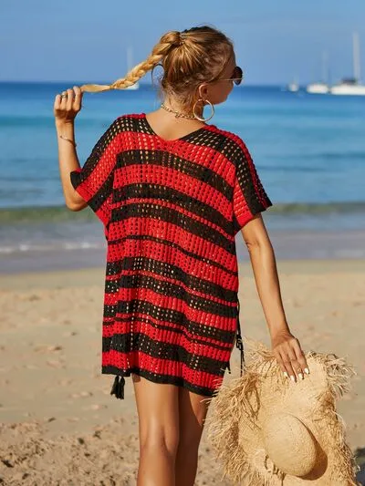 Cammi Tassel Openwork Striped V-Neck Cover Up