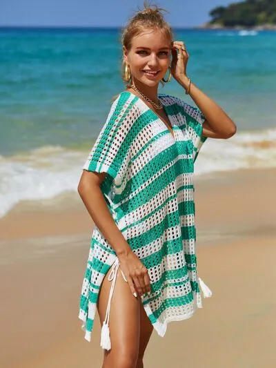 Cammi Tassel Openwork Striped V-Neck Cover Up