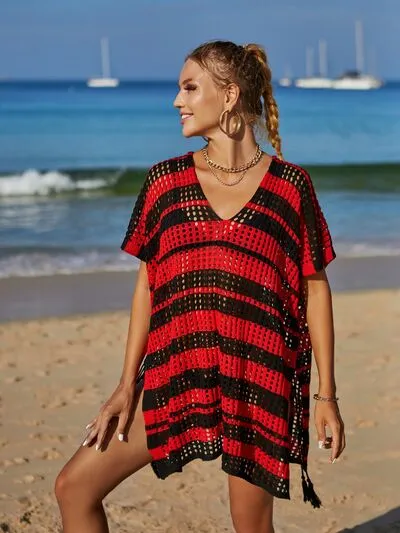 Cammi Tassel Openwork Striped V-Neck Cover Up