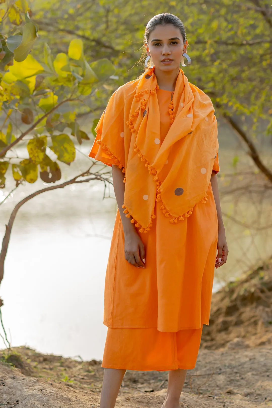 Carrot Orange Kurta and Culottes Set with Jaamdani Scarf