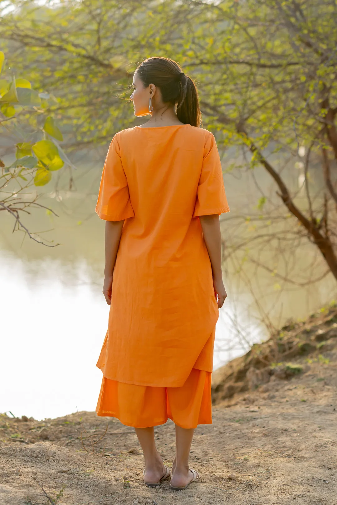 Carrot Orange Kurta and Culottes Set with Jaamdani Scarf