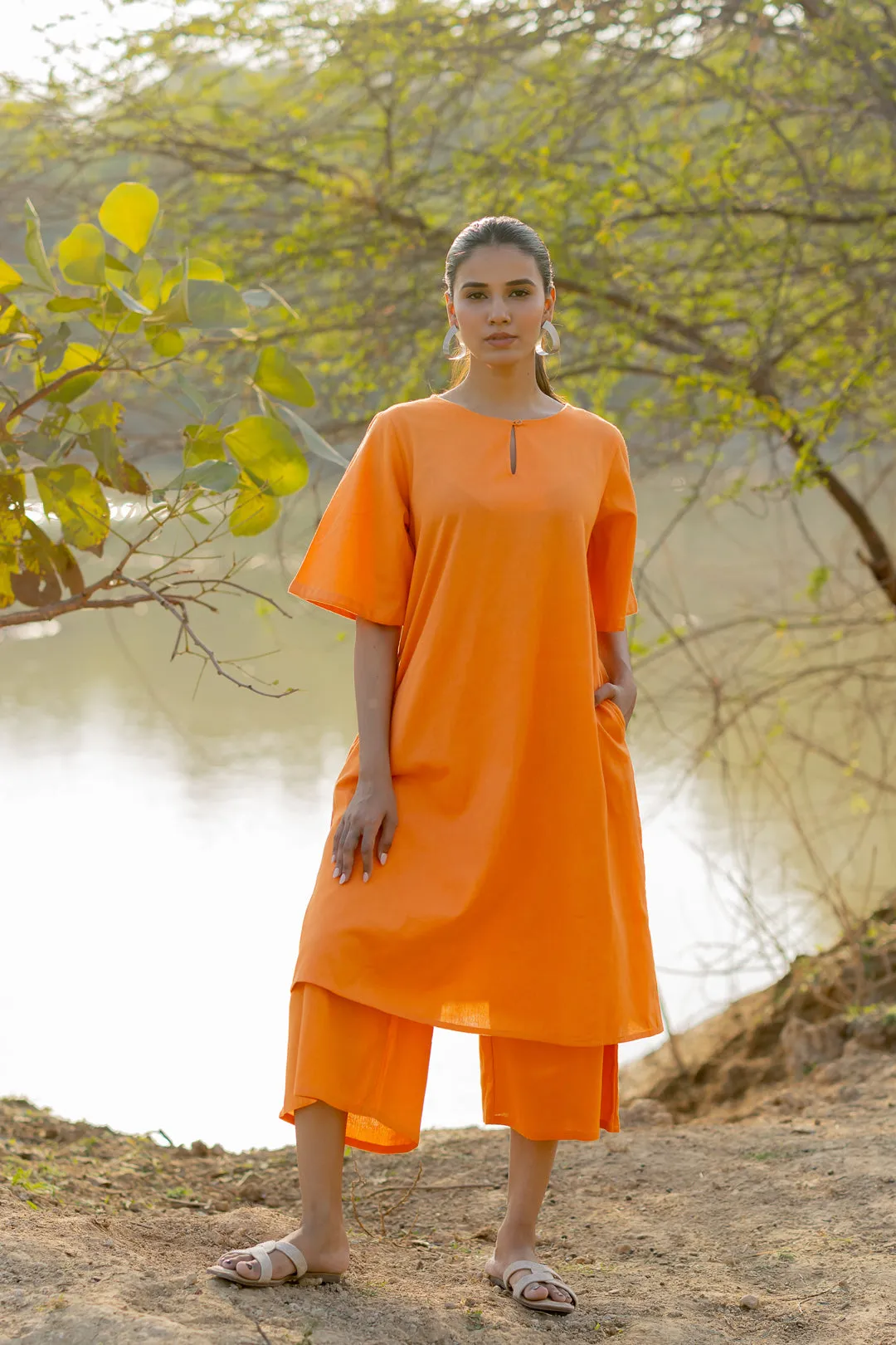 Carrot Orange Kurta and Culottes Set with Jaamdani Scarf