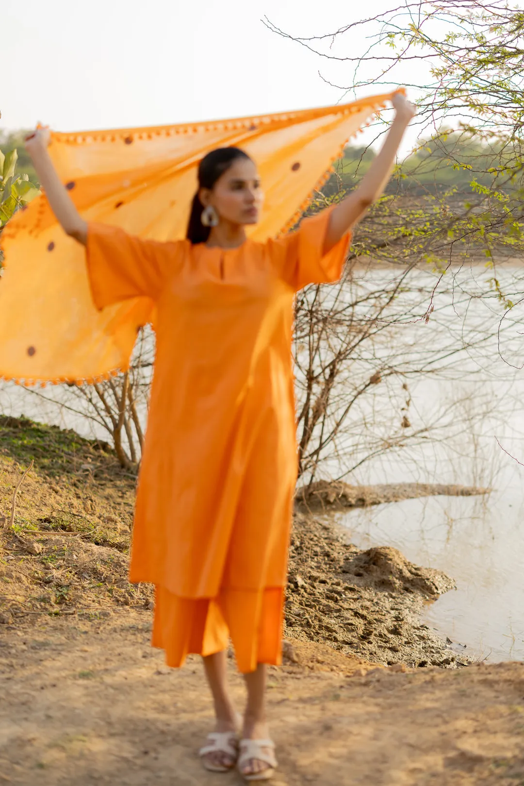 Carrot Orange Kurta and Culottes Set with Jaamdani Scarf