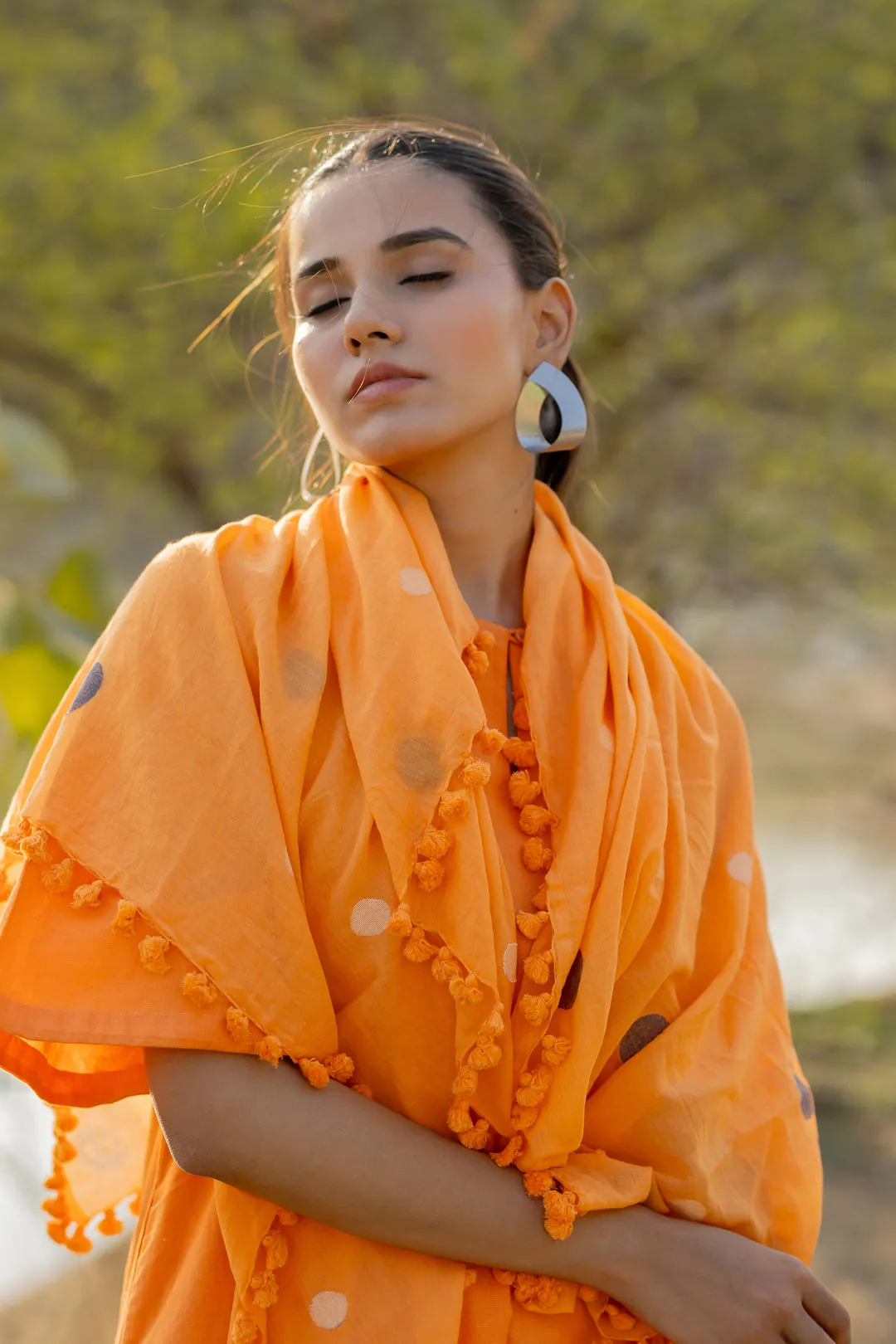 Carrot Orange Kurta and Culottes Set with Jaamdani Scarf
