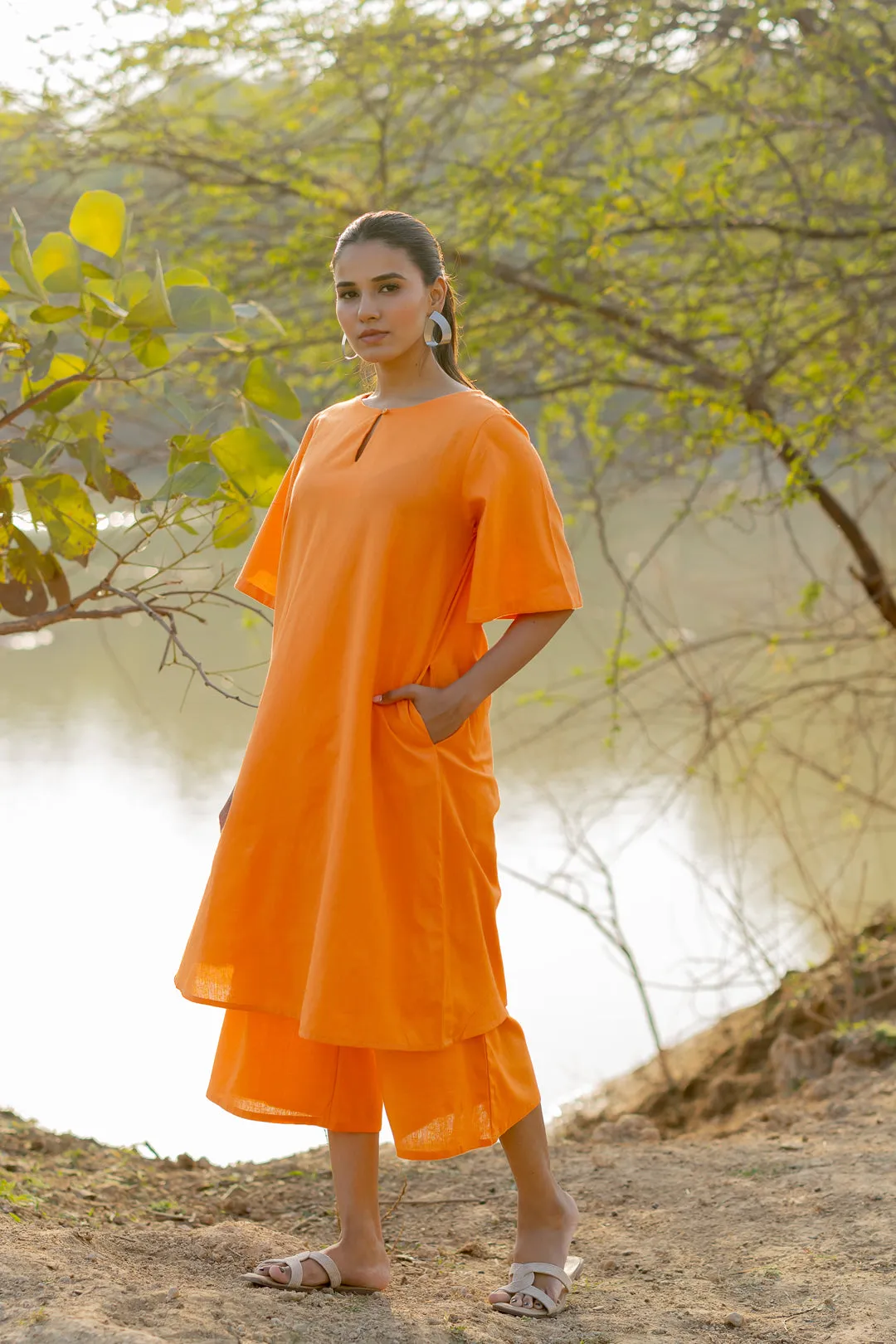 Carrot Orange Kurta and Culottes Set with Jaamdani Scarf