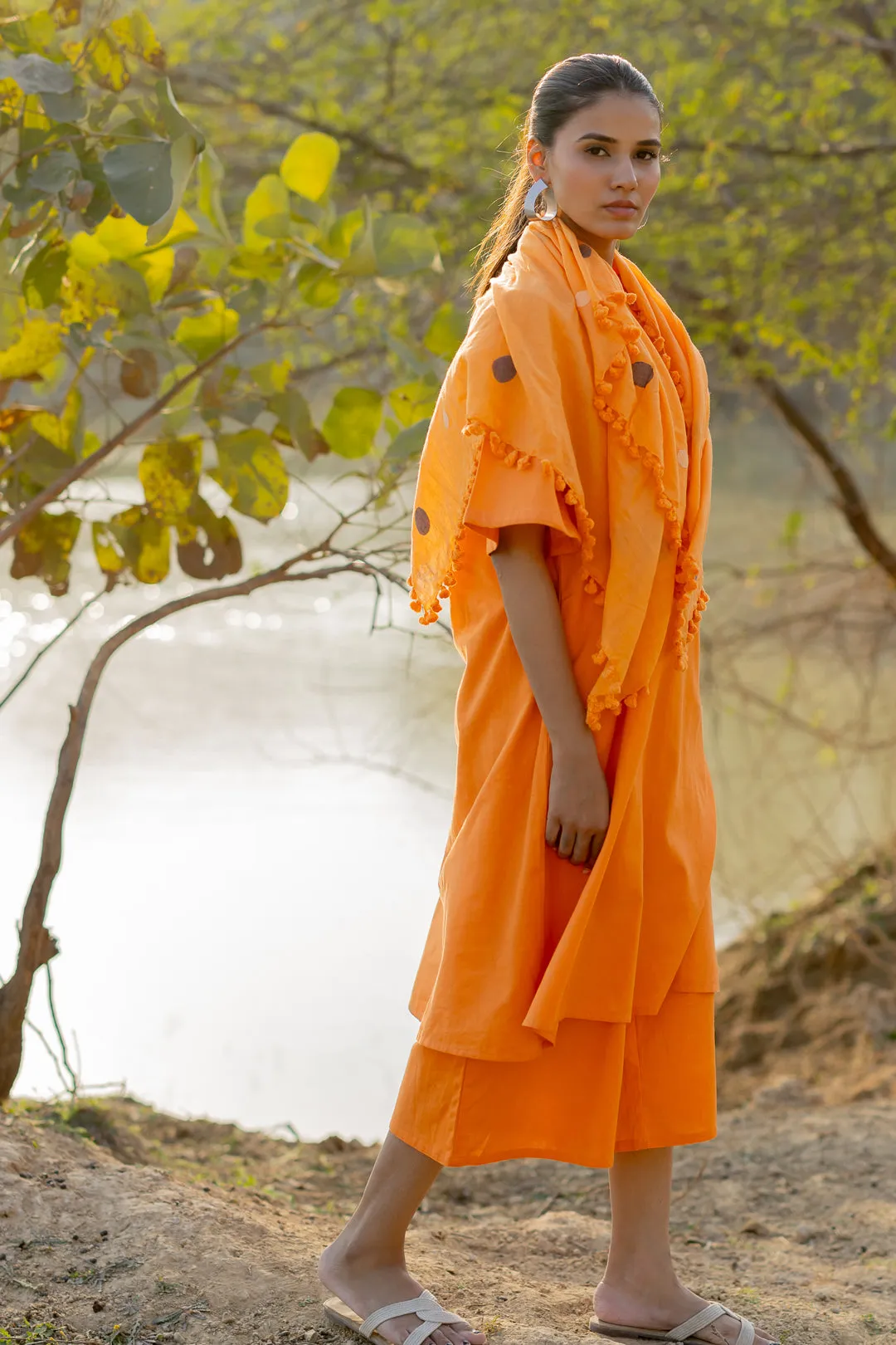 Carrot Orange Kurta and Culottes Set with Jaamdani Scarf