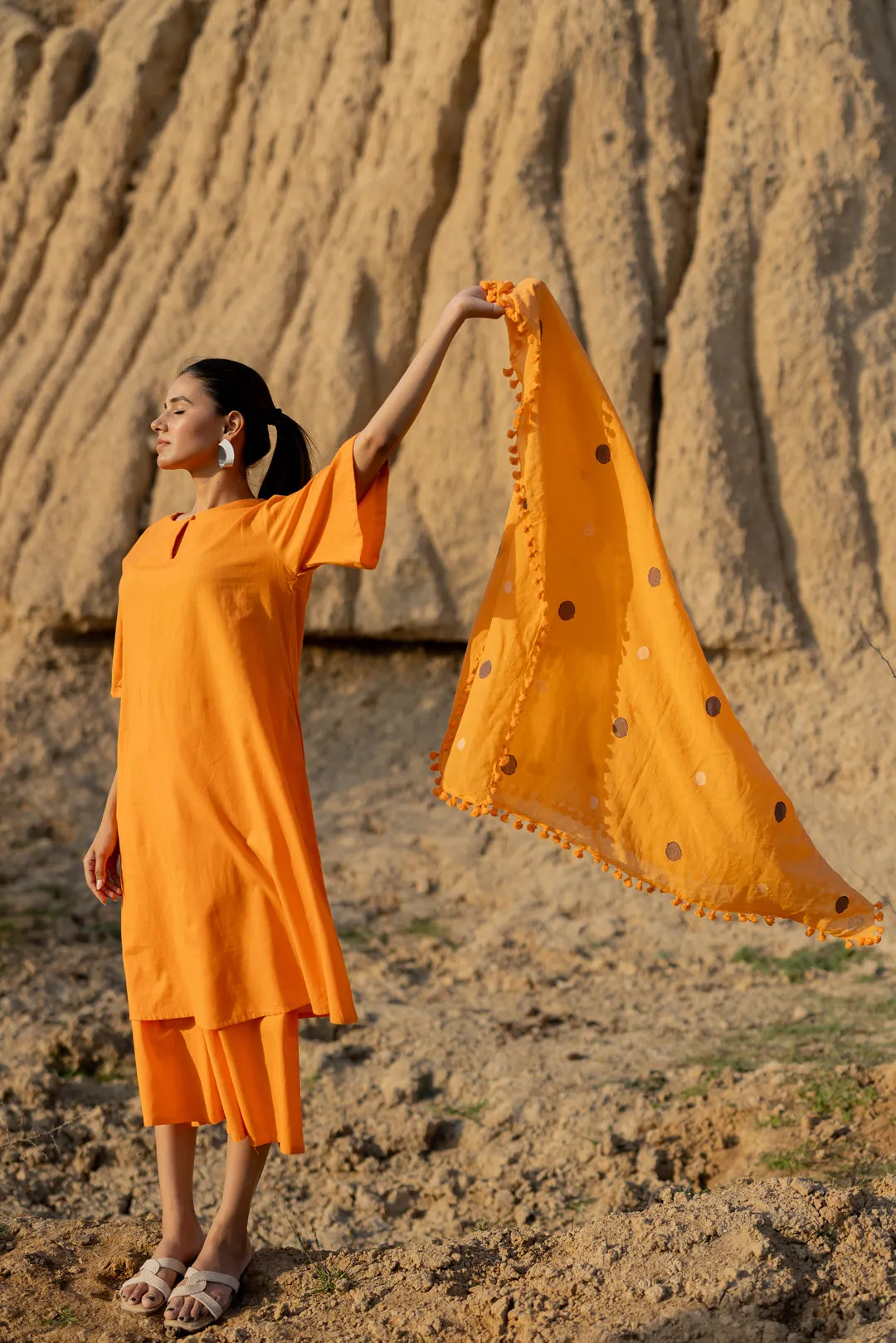 Carrot Orange Kurta and Culottes Set with Jaamdani Scarf