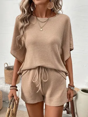 Casual  Set, Crew Neck Loose Top & Tie Waist Simple Shorts For Spring & Summer