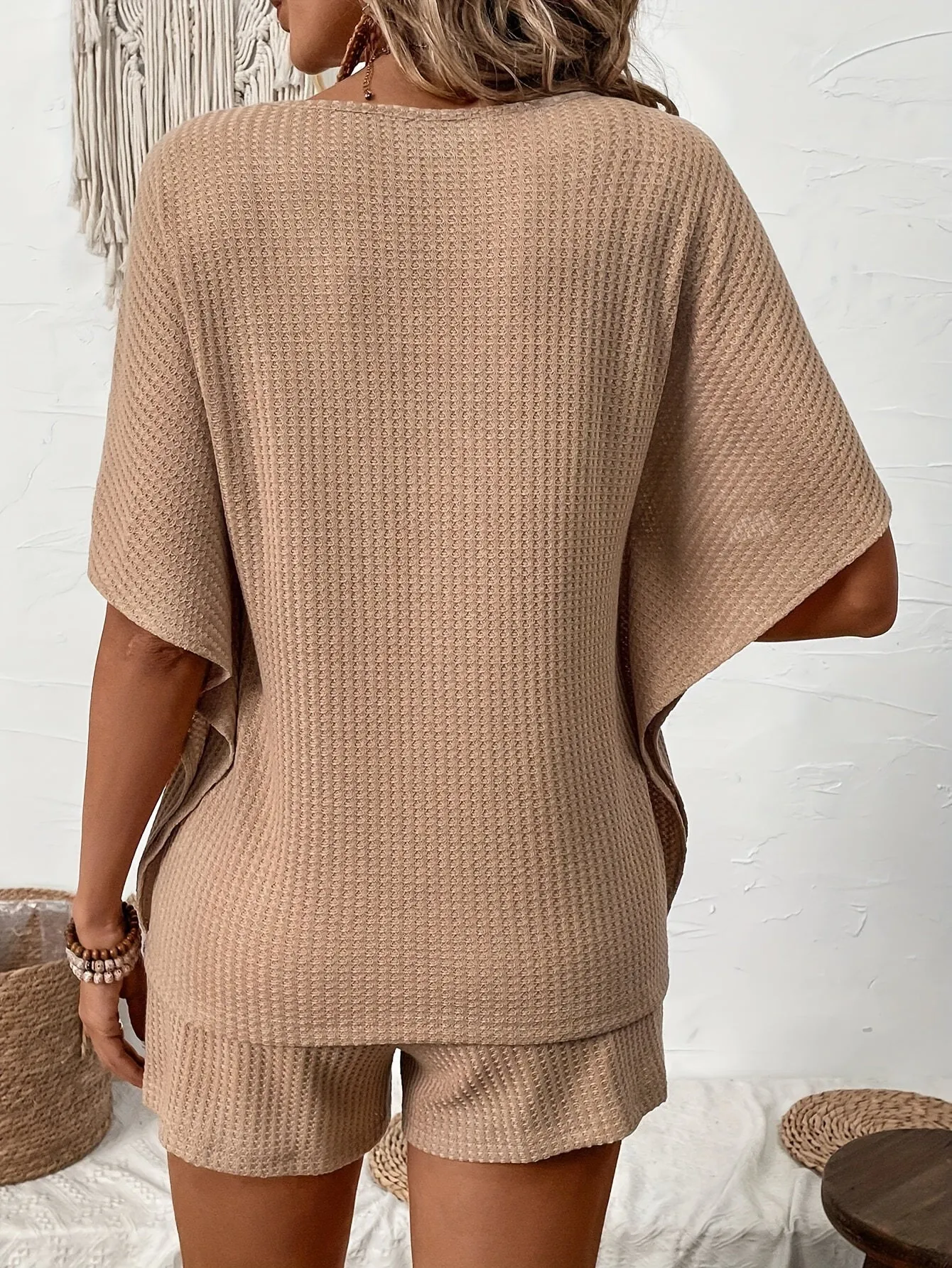 Casual  Set, Crew Neck Loose Top & Tie Waist Simple Shorts For Spring & Summer