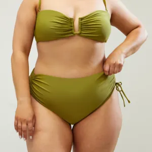 Chic Ruched High-Waisted Bikini Bottoms with Adjustable Fit - Olive Green