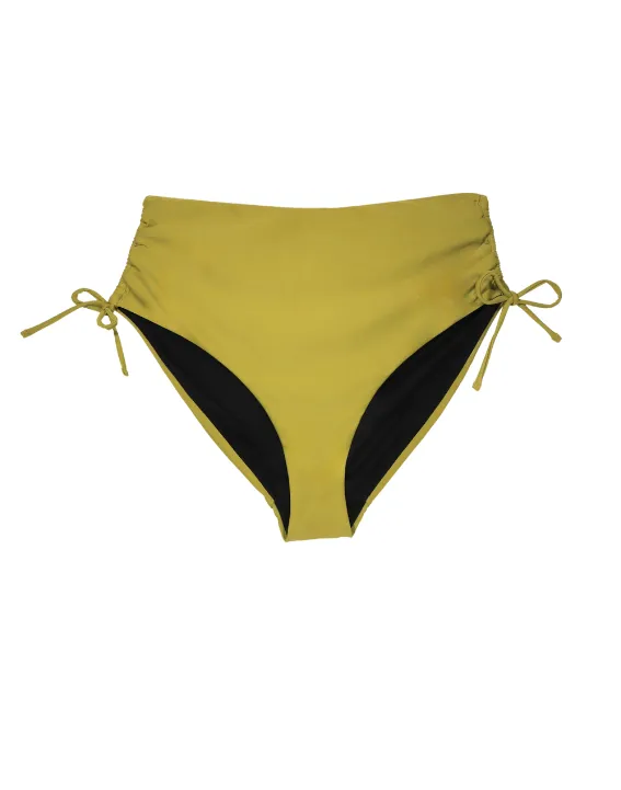 Chic Ruched High-Waisted Bikini Bottoms with Adjustable Fit - Olive Green
