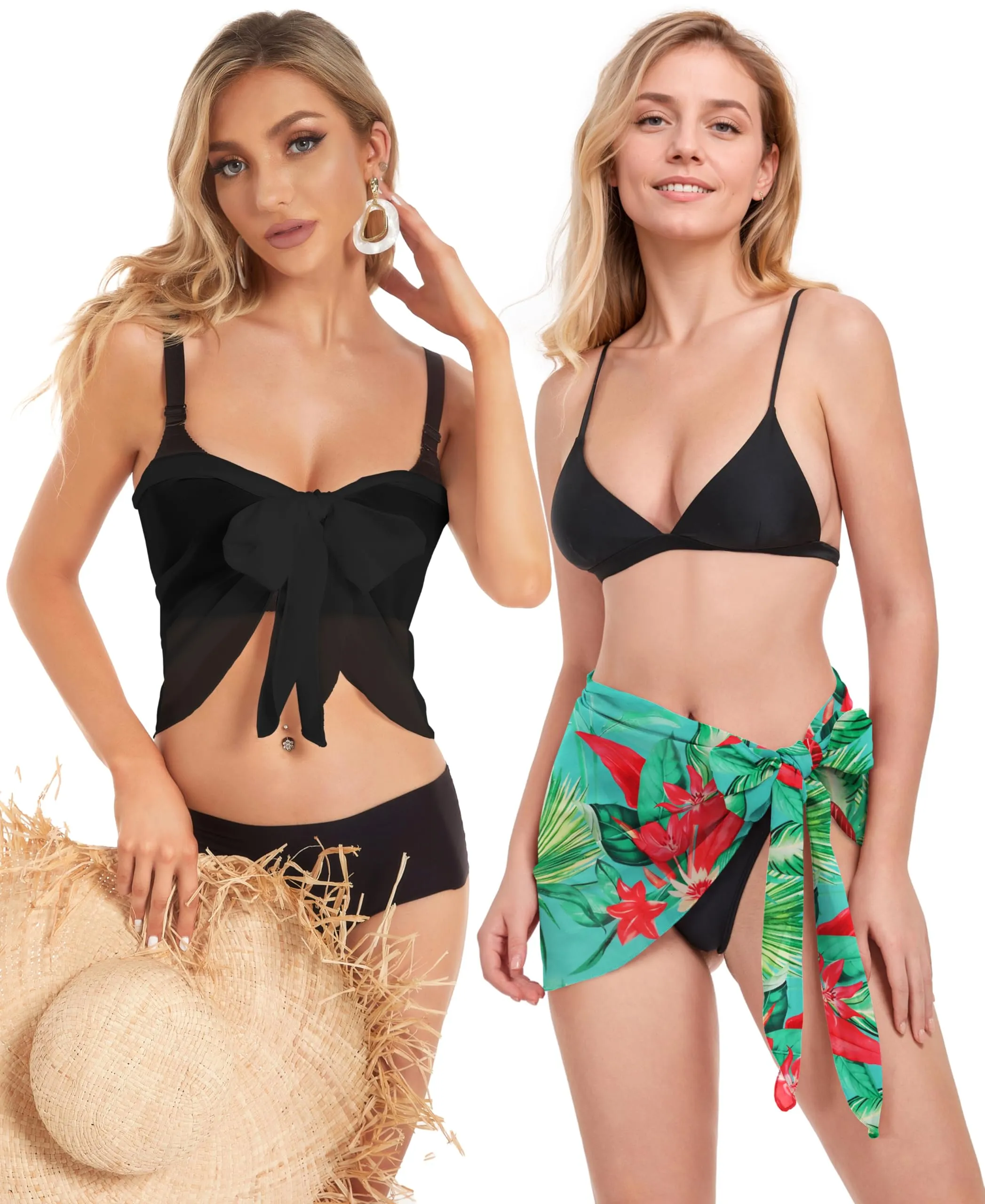 CHICGAL 2 Pieces Women Beach Sarong Bathing Suit Wrap Skirt Sheer Bikini Swimsuit Cover Ups for Swimwear