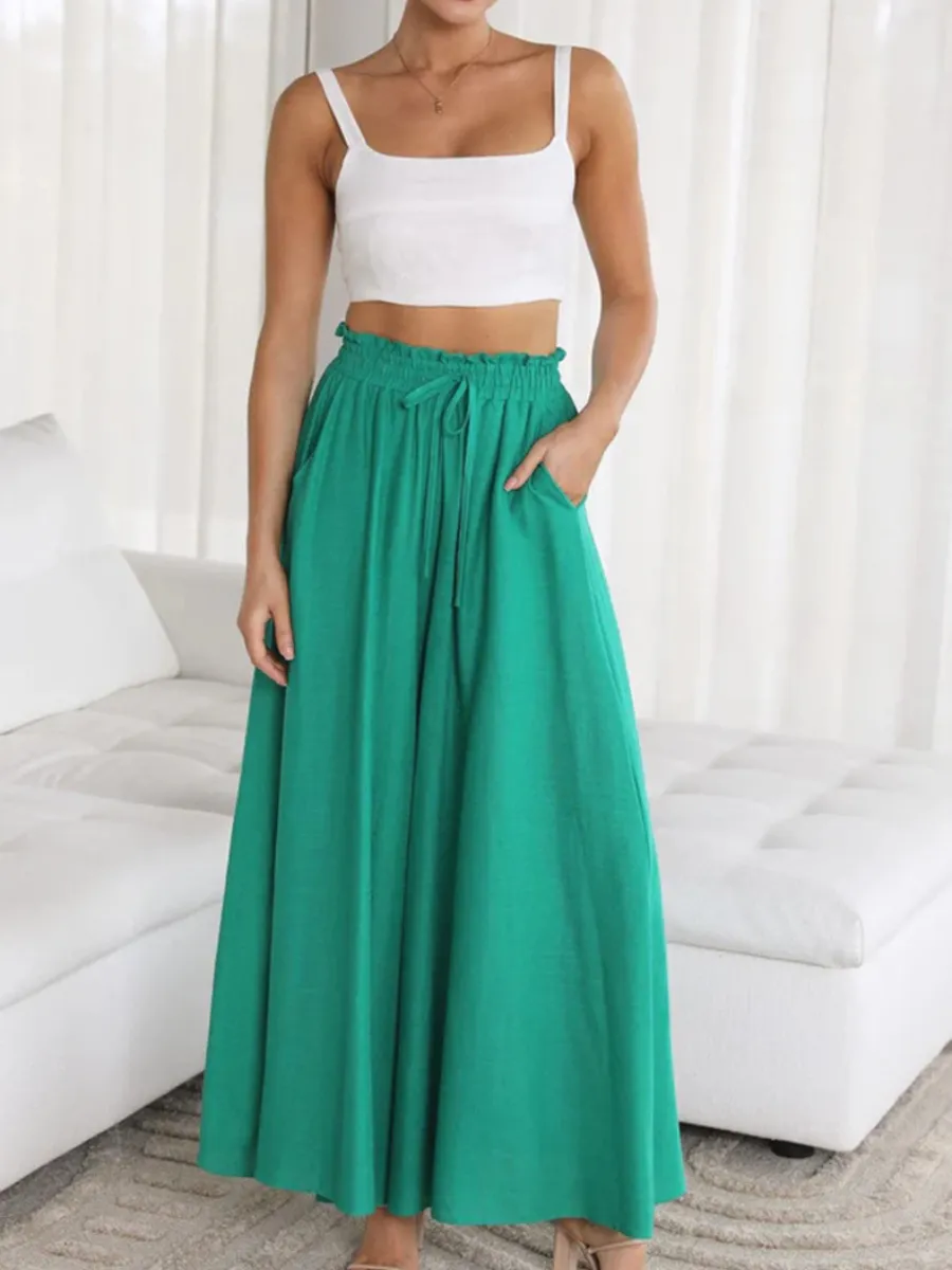 Ciara Smocked Wide Leg Culottes Pants - Green
