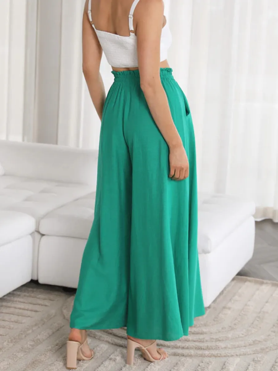 Ciara Smocked Wide Leg Culottes Pants - Green