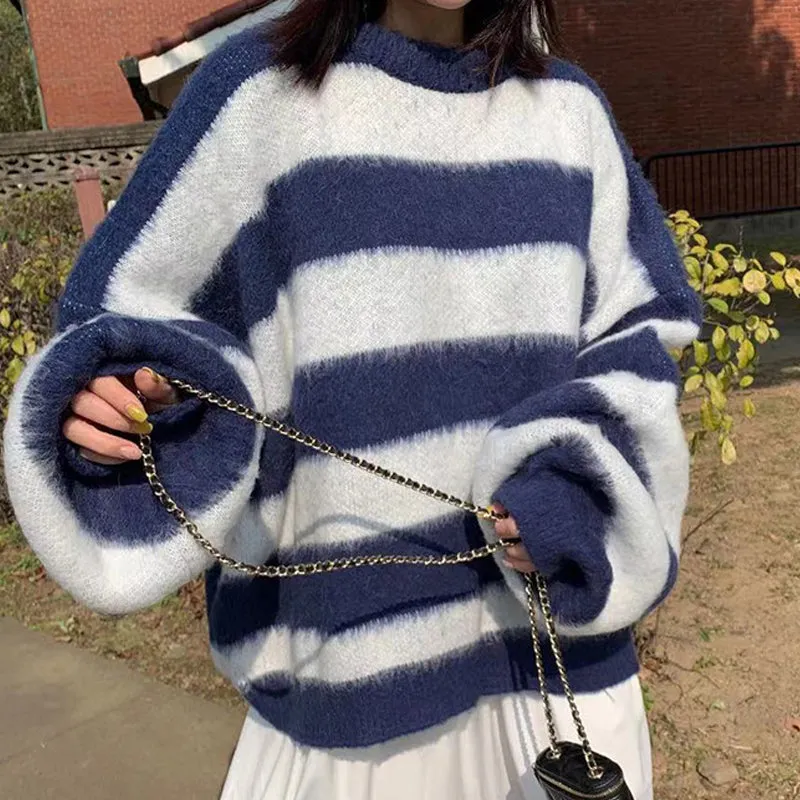 Crew Neck Pullover Striped Knit Sweater