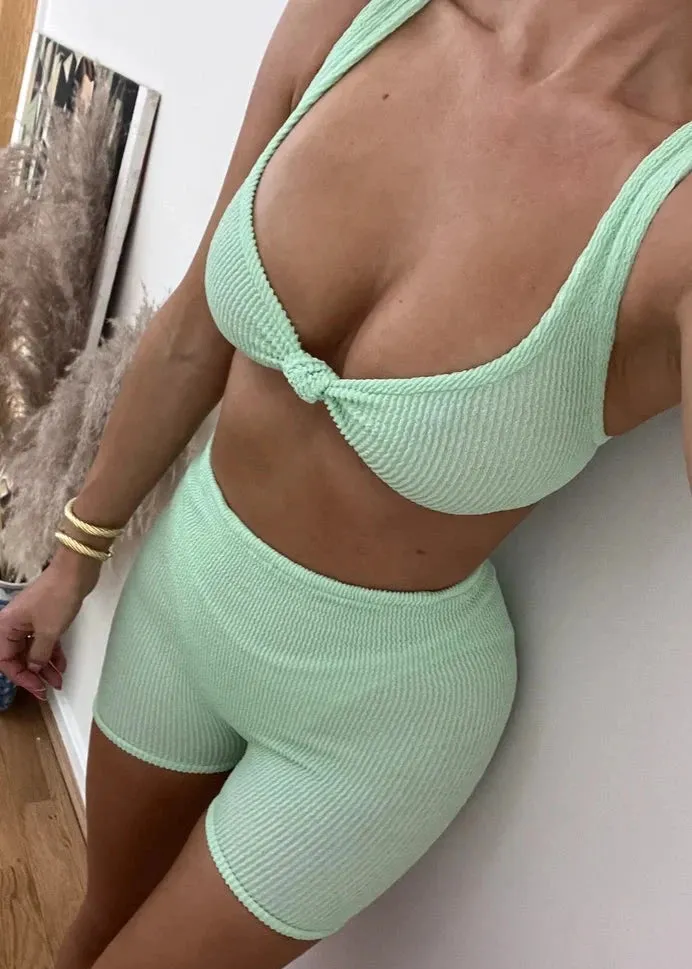 Crinkle Knot Bra Bikini & Shorts Set in Pastel Green