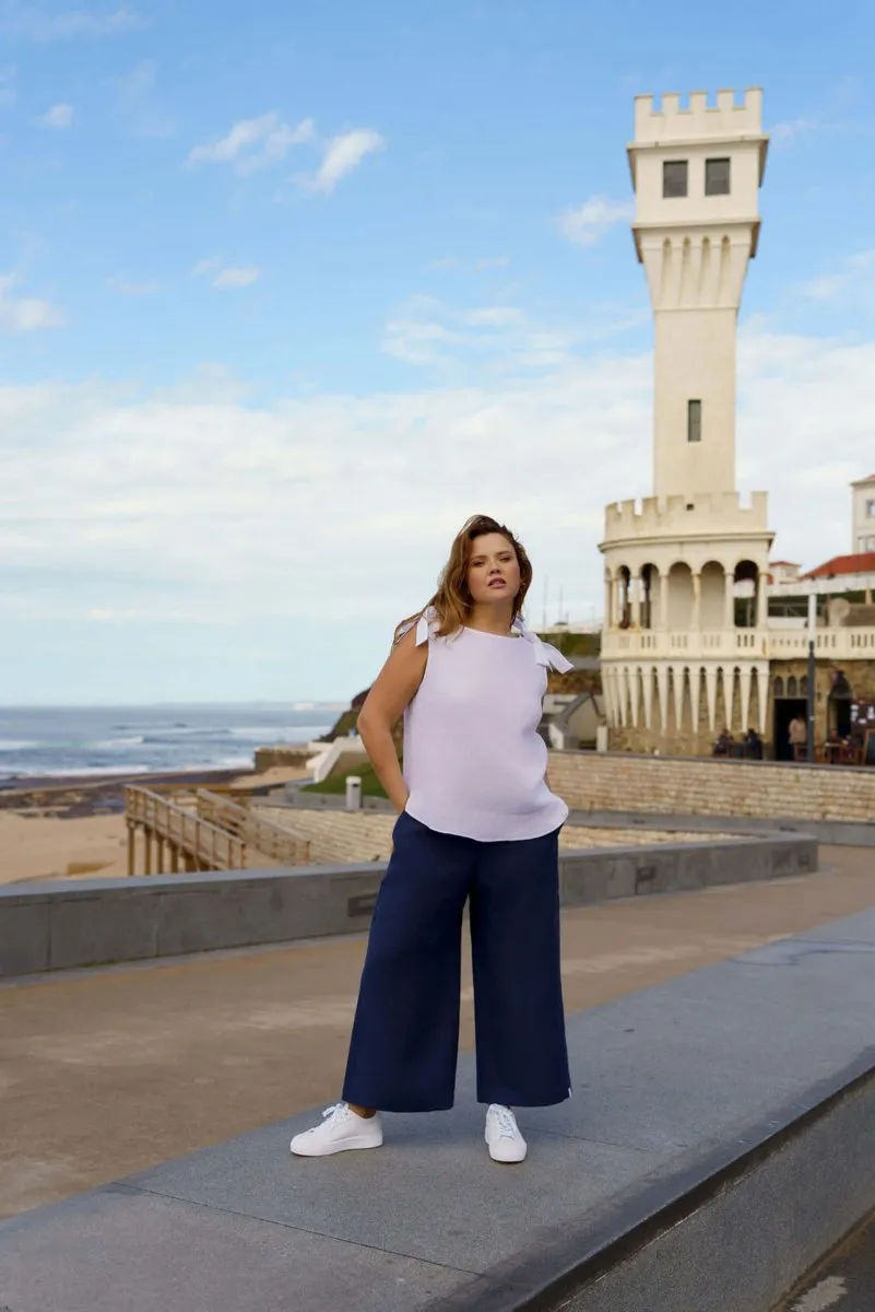 Culottes Linen Trousers Stonewashed Oxford Navy