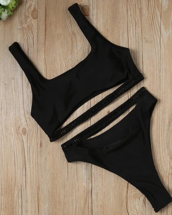 Cut Out Ribbon High Waisted Bikini Sets