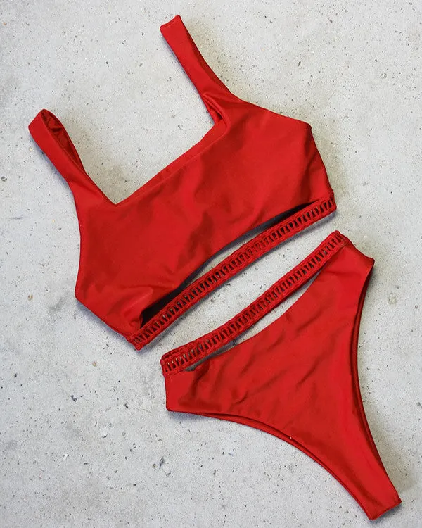 Cut Out Ribbon High Waisted Bikini Sets
