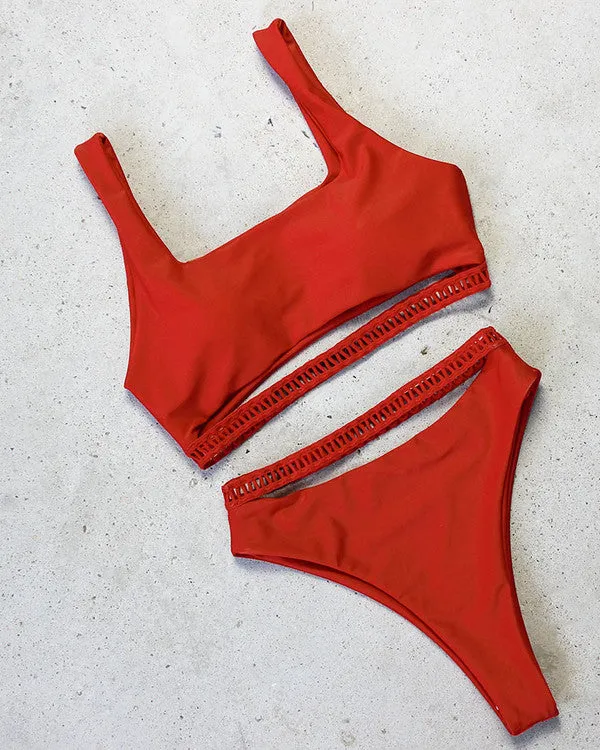 Cut Out Ribbon High Waisted Bikini Sets