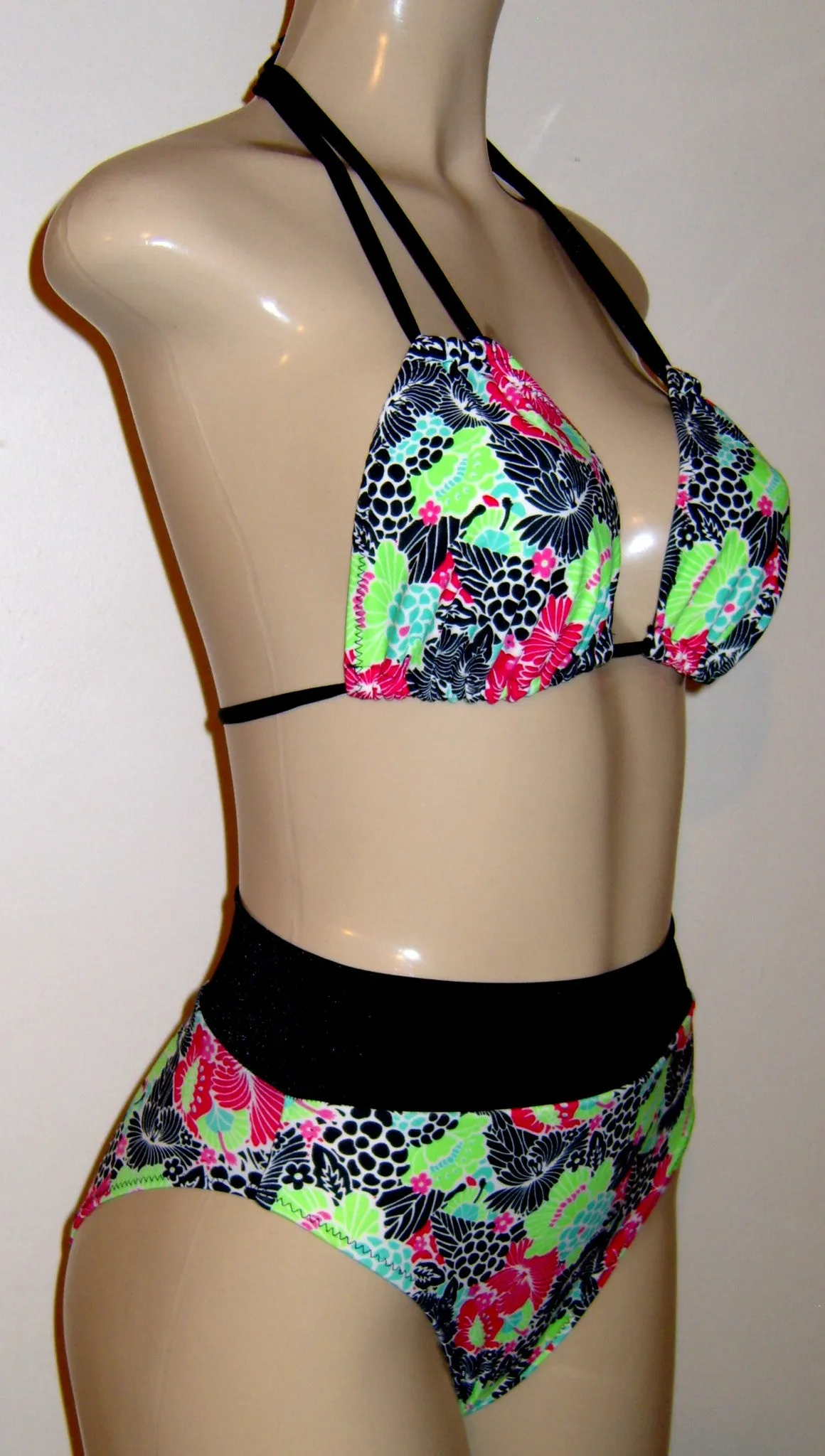 Double String Bikini Top and High Waist Banded Swimwear Bottom