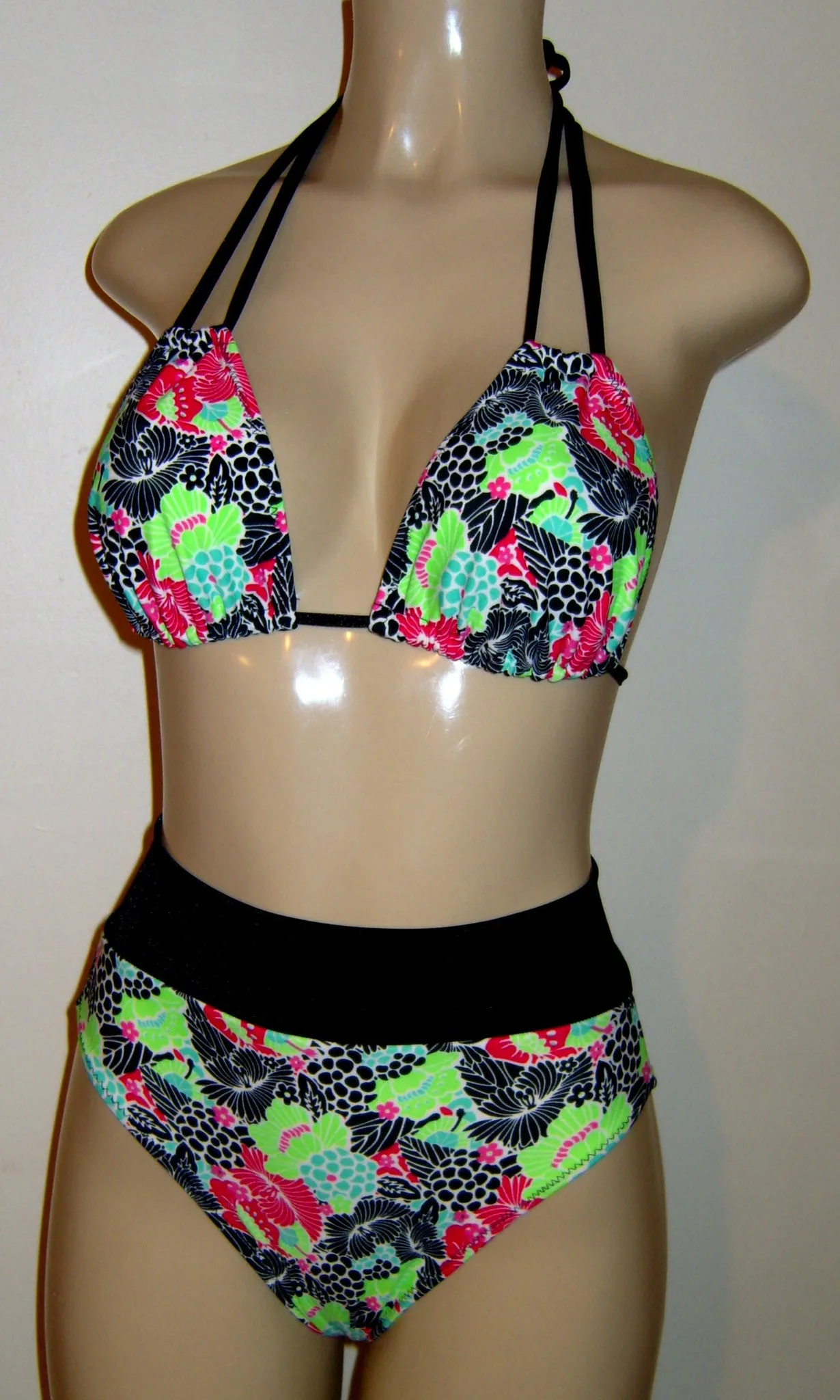 Double String Bikini Top and High Waist Banded Swimwear Bottom