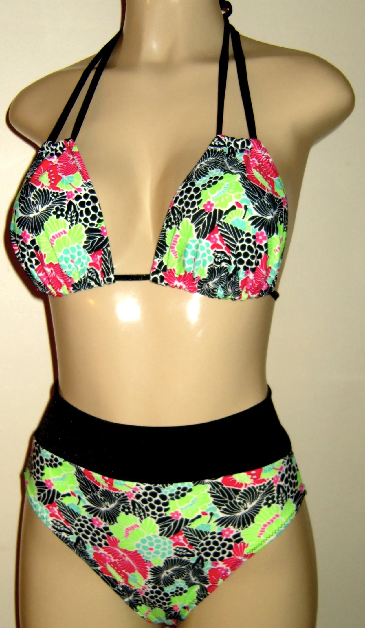 Double String Bikini Top and High Waist Banded Swimwear Bottom