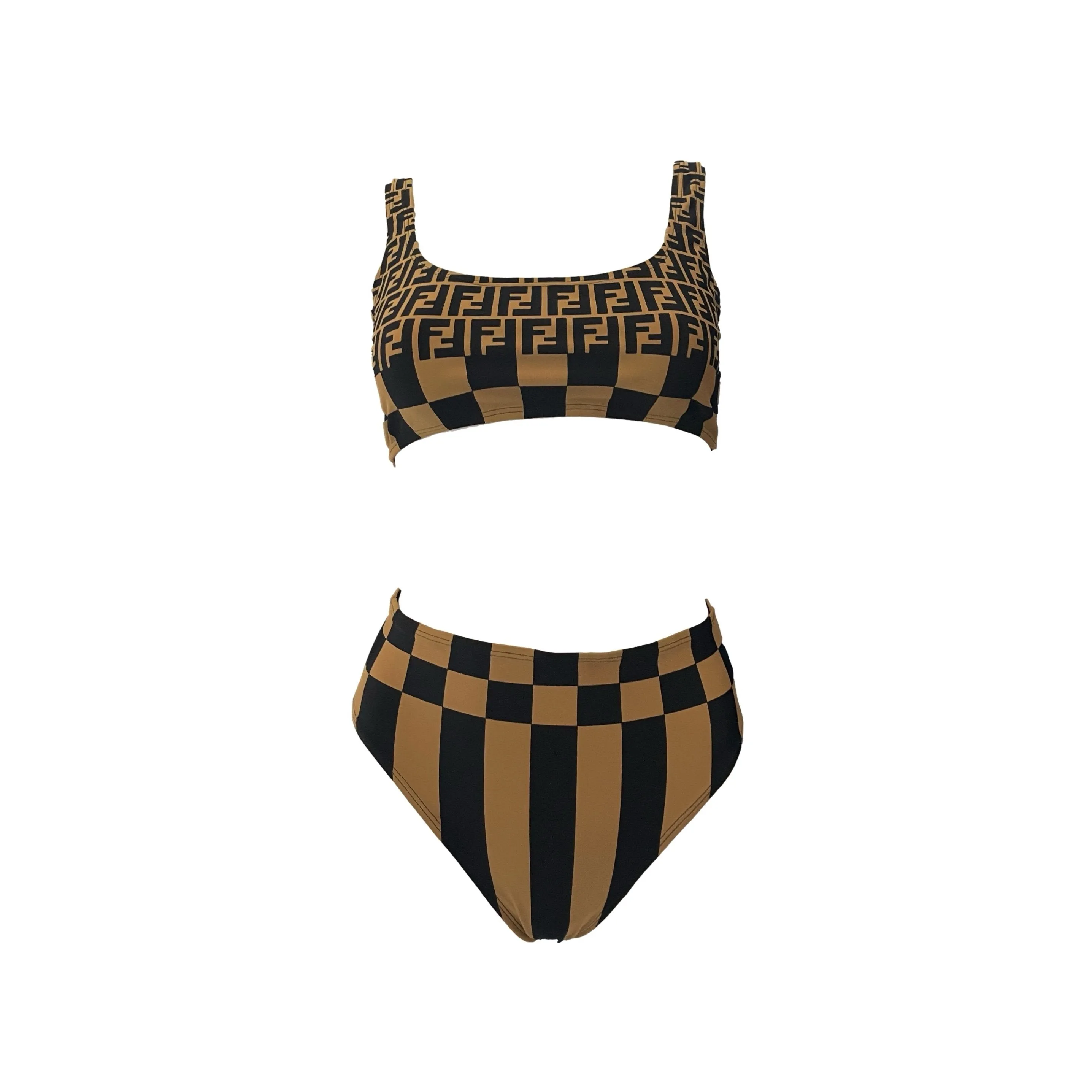 Fendi Tan Checkered High Waisted Bikini